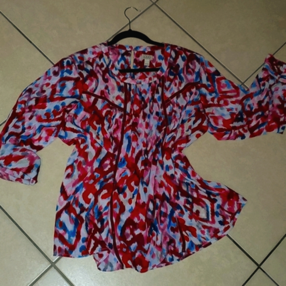 LOGO by Lori Goldstein Multi- colored,  long sleeve, silk like blouse. 1 L, 1 XL